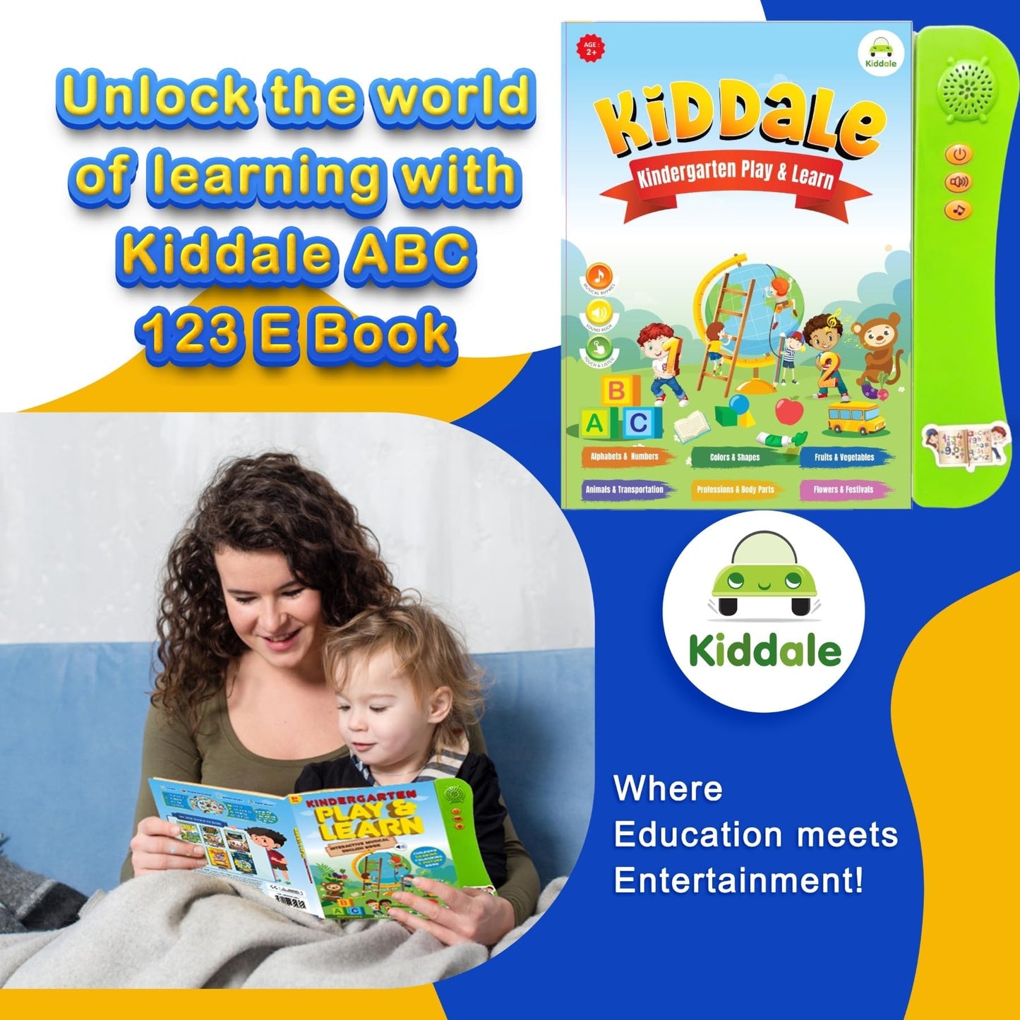 Kiddale ABC & 123 Intelligent Book for Kids| Interactive Musical Learning Sound Book |100% Human Audio- No Computerized Voice| Activities, Rhymes, Stories| 24 Pages| Best Gift for Ages 1-5+